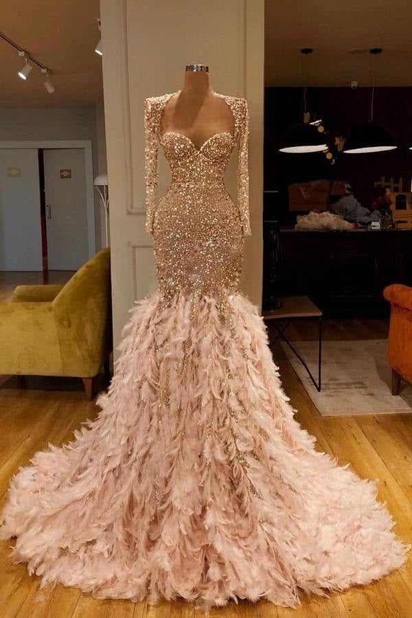 Mermaid Sweetheart Sequined Floor-length Long Sleeve With Feather Prom Dress-Ballbella