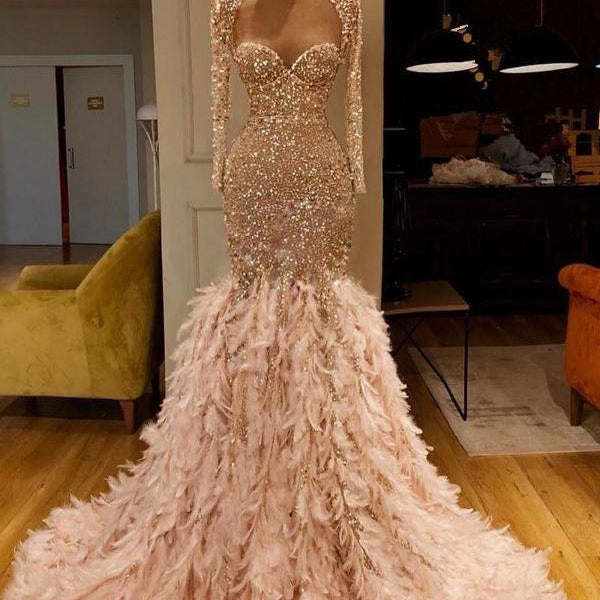 Mermaid Sweetheart Sequined Floor-length Long Sleeve With Feather Prom Dress Mermaid Sweetheart Sequined Floor-length Long Sleeve With Feather Prom Dress