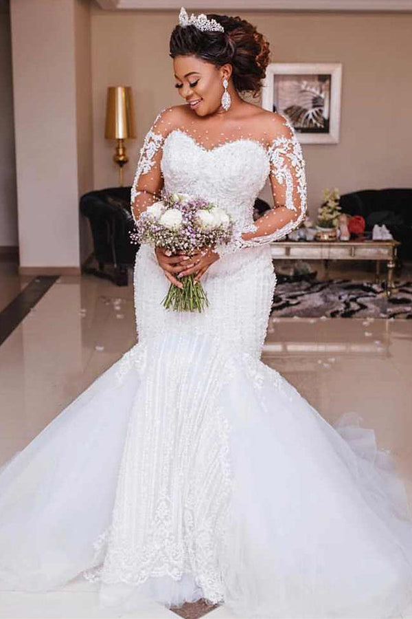 Mermaid Sweetheart Short Train Long Sleeves Backless Organza Applique Wedding Dress-Ballbella