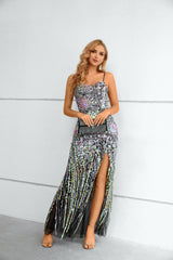 Mermaid Sweetheart Spaghetti Strap Floor-length Sleeveless Backless Appliques Lace High Split Prom Dress-Ballbella