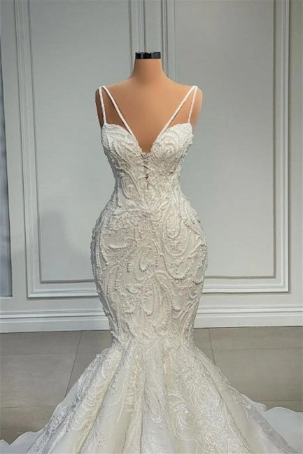 Mermaid Sweetheart Spaghetti strap Lace Floor-length Sleeveless Applique Beaded Wedding Dress-Ballbella