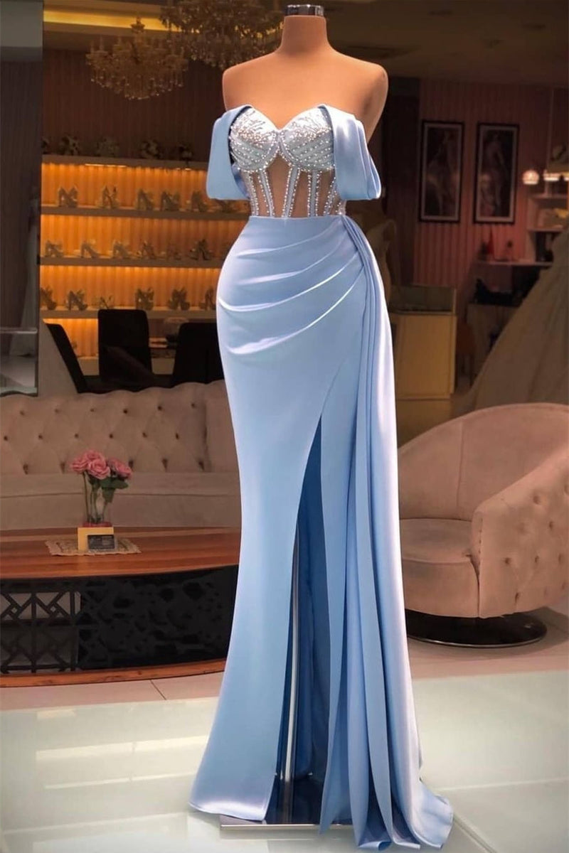 Mermaid Sweetheart Strap Sleeveless Beading Floor-length High Split Prom Dress-Ballbella