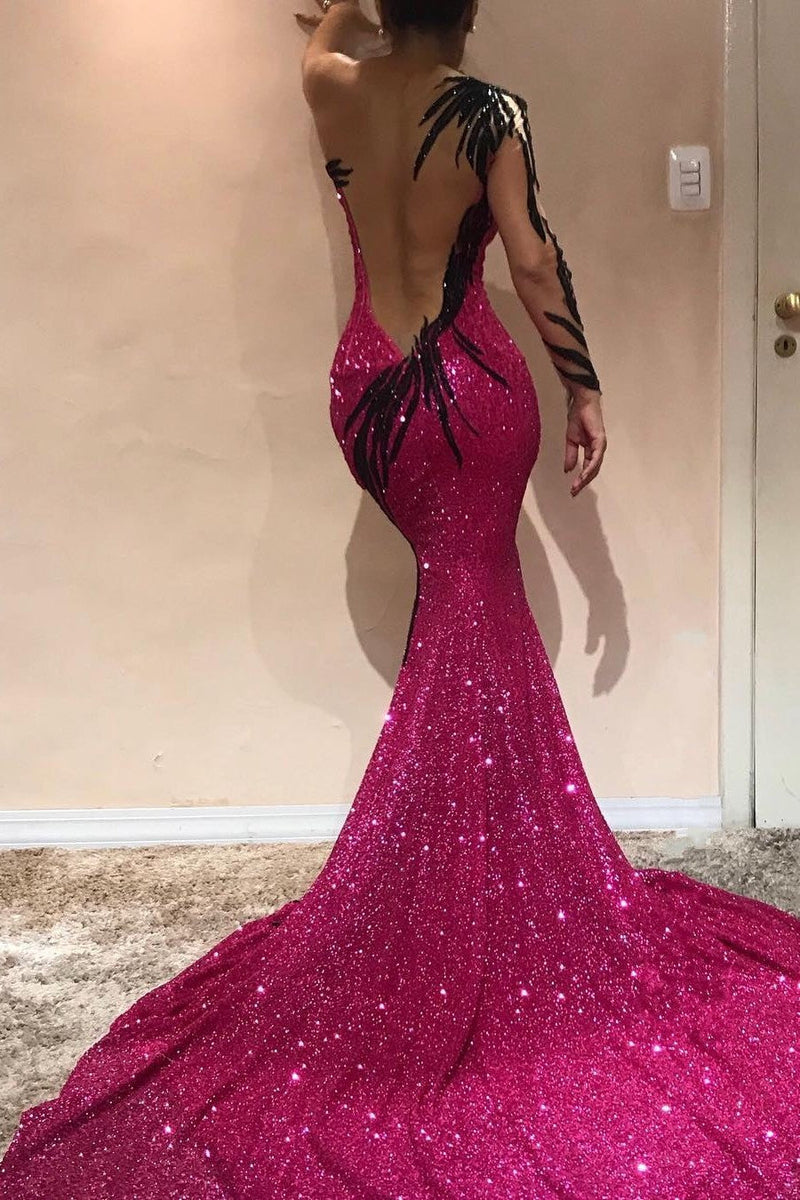 Mermaid Transparent Round Collar Chapel One-shoulder Long Sleeve Backless Paillette Prom Dress-Ballbella