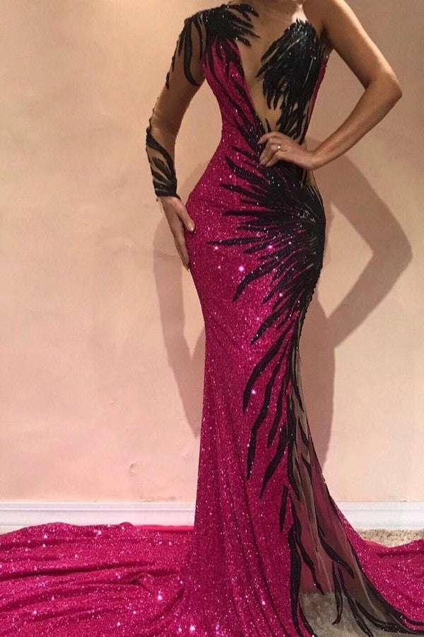 Mermaid Transparent Round Collar Chapel One-shoulder Long Sleeve Backless Paillette Prom Dress-Ballbella