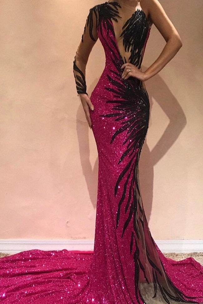 Mermaid Transparent Round Collar Chapel One-shoulder Long Sleeve Backless Paillette Prom Dress-Ballbella
