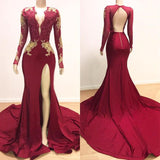Mermaid Transparent Round Collar Court Front Slit Backless Chiffon Applique Embroidery Prom Dress-Ballbella