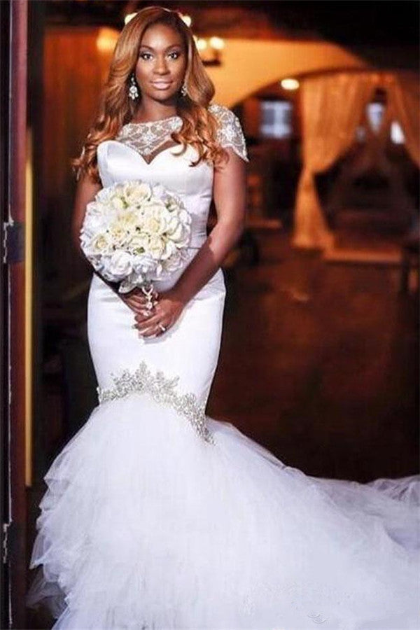 Mermaid Tulle Beads Appliques Wedding Dress Exquisite Short Sleeves Bridal Dresses-Ballbella