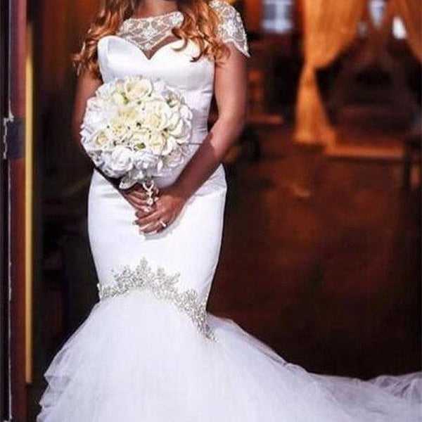 Mermaid Tulle Beads Appliques Wedding Dress Exquisite Short Sleeves Bridal Dresses