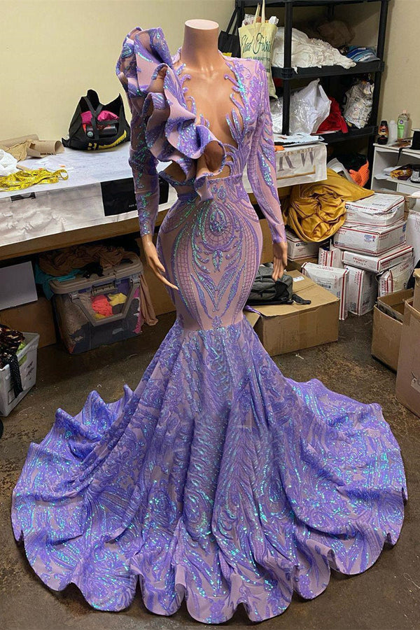 Mermaid V-neck Appliques Lace Sequined Open Back Floor-length Long Sleeve Prom Dress-Ballbella