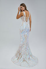 Mermaid V-neck Backless Lace Sequined Floor-length Long Sleeve Elegant Prom Dress-Ballbella