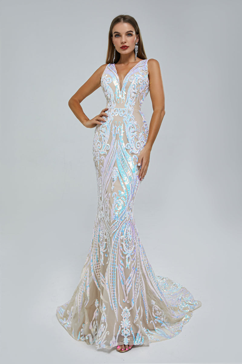 Mermaid V-neck Backless Lace Sequined Floor-length Long Sleeve Elegant Prom Dress-Ballbella