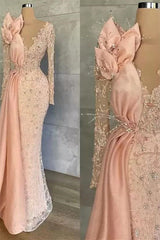 Mermaid V-neck Beading Sequined Floor-length Long Sleeve Appliques Lace Flower Prom Dress-Ballbella