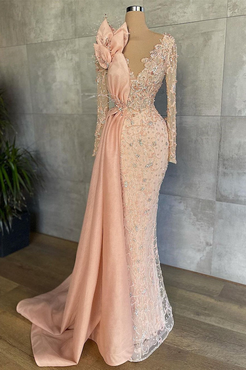 Mermaid V-neck Beading Sequined Floor-length Long Sleeve Appliques Lace Flower Prom Dress Mermaid V-neck Beading Sequined Floor-length Long Sleeve Appliques Lace Flower Prom Dress
