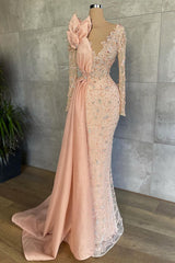 Mermaid V-neck Beading Sequined Floor-length Long Sleeve Appliques Lace Flower Prom Dress-Ballbella
