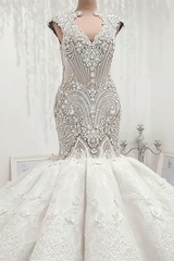 Mermaid V-neck Floor Length Backless Tulle Beading Applique Wedding Dress-Ballbella