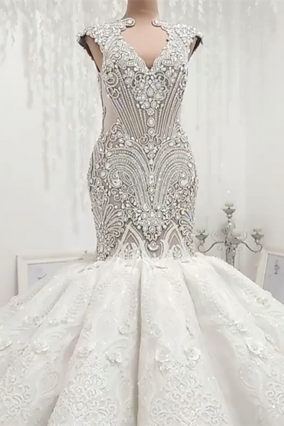 Mermaid V-neck Floor Length Backless Tulle Beading Applique Wedding Dr Ballbella Mermaid V-neck Floor Length Backless Tulle Beading Applique Wedding Dr Ballbella