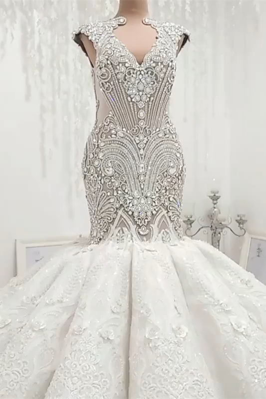 Mermaid V-neck Floor Length Backless Tulle Beading Applique Wedding Dress-Ballbella