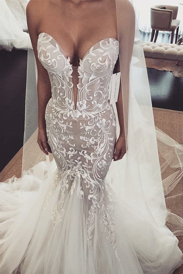 Mermaid V-neck Floor Length Chapel Tulle Embroidery Wedding Dress-Ballbella