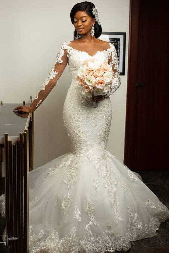 Mermaid V-neck Floor Length Long Sleeves Tulle Applique Wedding Dress-Ballbella