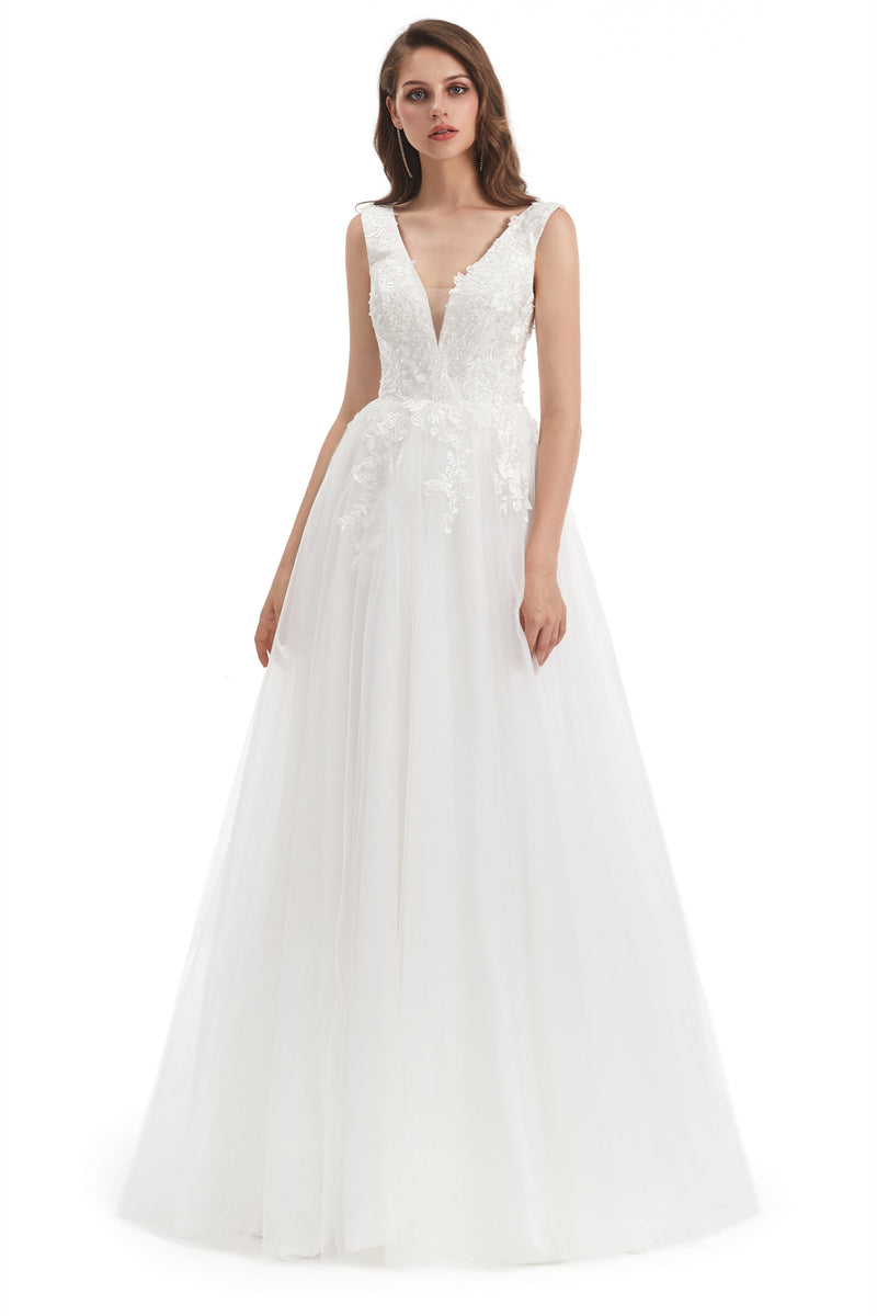 Mermaid V-neck Floor-length Sleeveless Backless Appliques Lace Wedding Dress-Ballbella