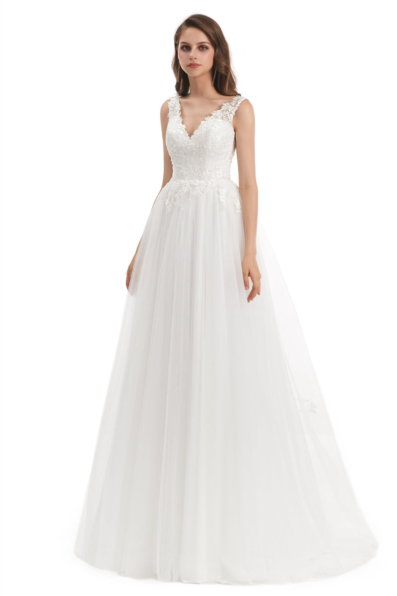 Mermaid V-neck Floor-length Sleeveless Backless Appliques Lace Wedding Dress-Ballbella