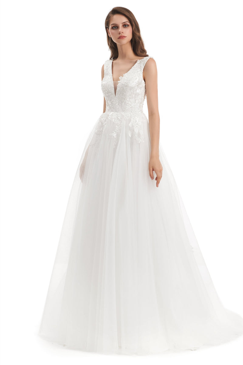 Mermaid V-neck Floor-length Sleeveless Backless Appliques Lace Wedding Dress-Ballbella