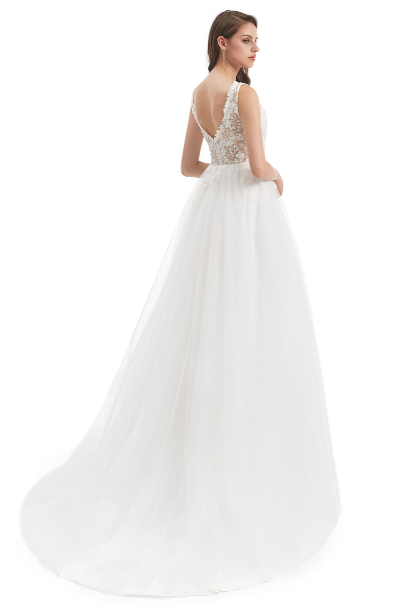 Mermaid V-neck Floor-length Sleeveless Backless Appliques Lace Wedding Dress-Ballbella