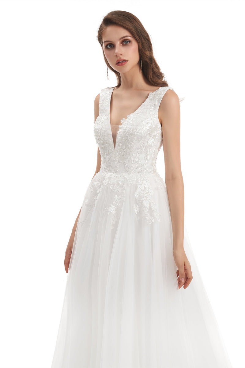 Mermaid V-neck Floor-length Sleeveless Backless Appliques Lace Wedding Dress-Ballbella