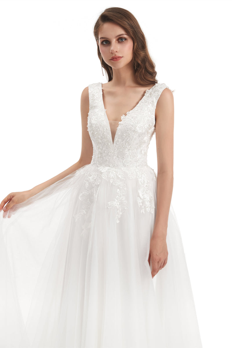 Mermaid V-neck Floor-length Sleeveless Backless Appliques Lace Wedding Dress-Ballbella