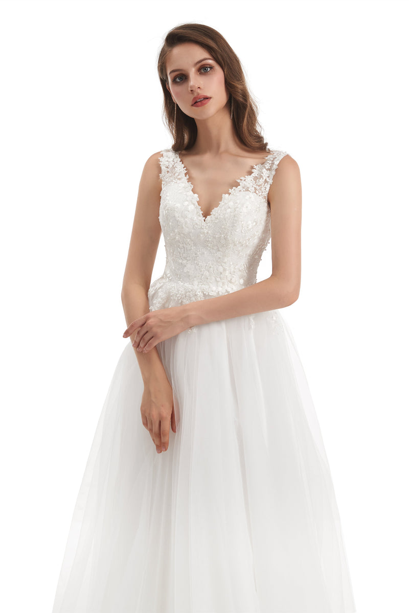 Mermaid V-neck Floor-length Sleeveless Backless Appliques Lace Wedding Dress-Ballbella