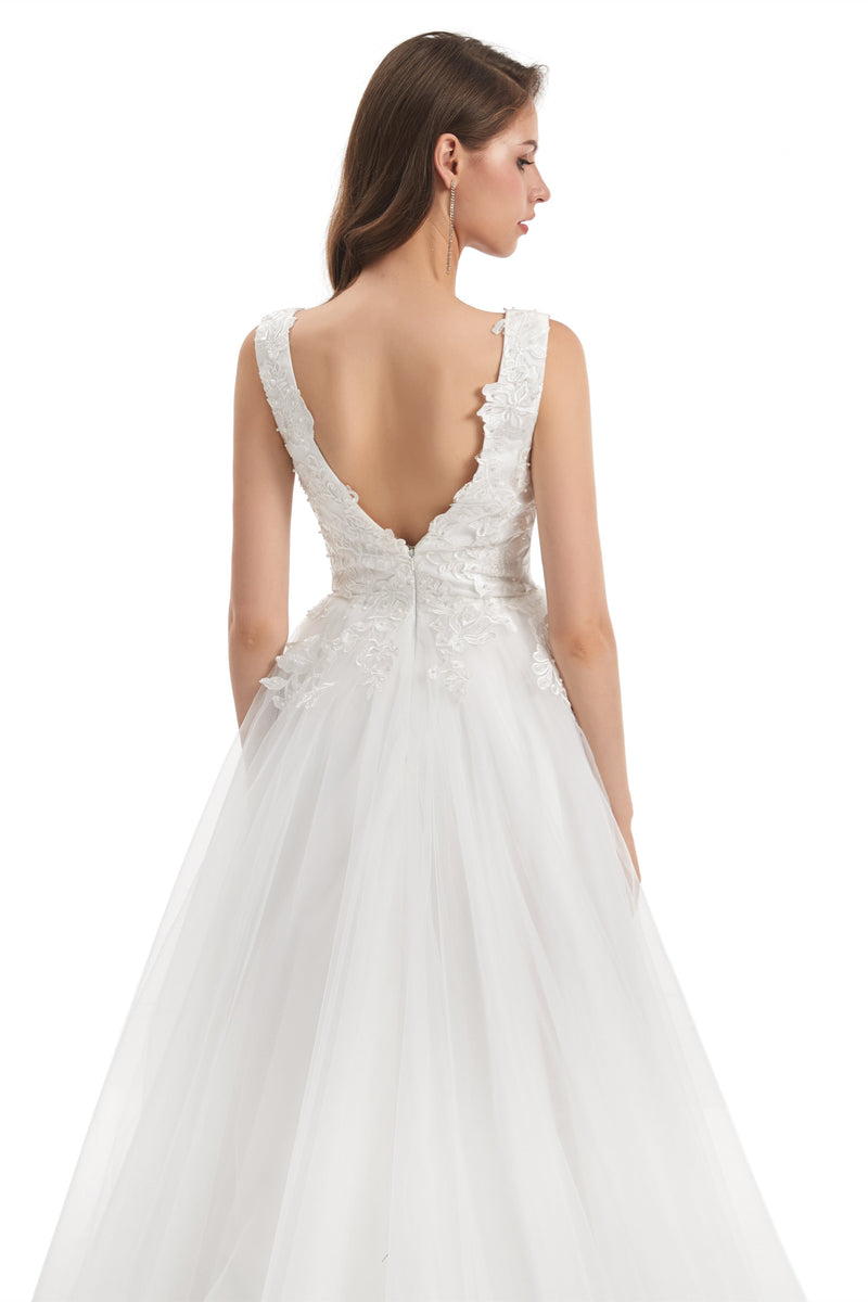 Mermaid V-neck Floor-length Sleeveless Backless Appliques Lace Wedding Dress-Ballbella