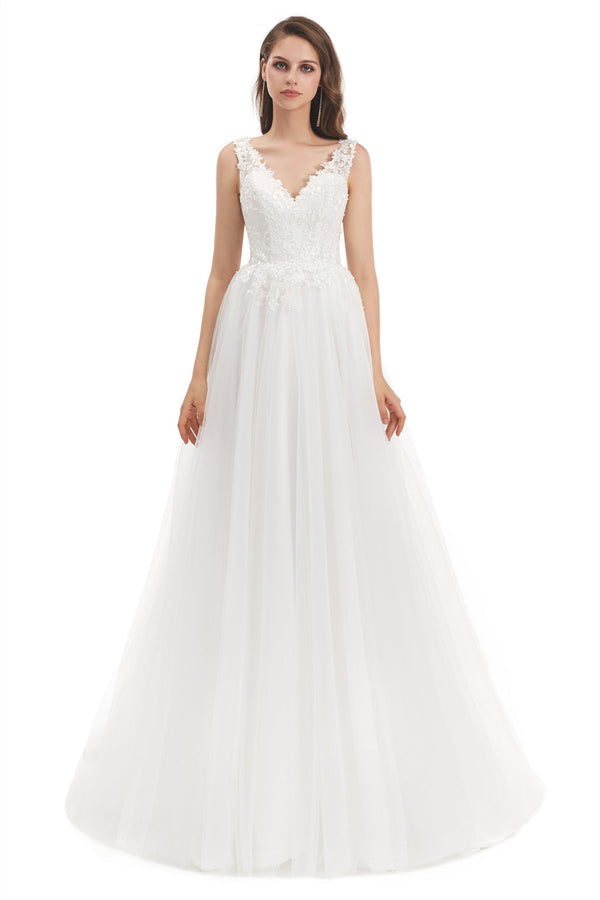 Mermaid V-neck Floor-length Sleeveless Backless Appliques Lace Wedding Dress-Ballbella