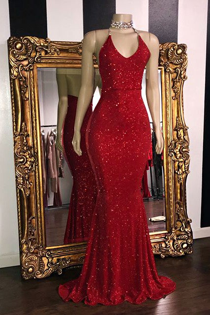 Mermaid V-neck Halter Floor Length Ruffle Hem Paillette Prom Dress-Ballbella