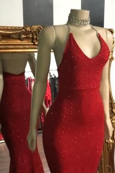 Mermaid V-neck Halter Floor Length Ruffle Hem Paillette Prom Dress-Ballbella