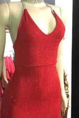 Mermaid V-neck Halter Floor Length Ruffle Hem Paillette Prom Dress-Ballbella