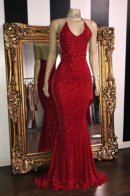 Mermaid V-neck Halter Floor Length Ruffle Hem Paillette Prom Dress-Ballbella