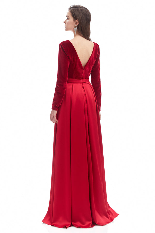 Mermaid V-neck High Split Floor-length Long Sleeve Open Back Prom Dress-Ballbella