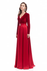 Mermaid V-neck High Split Floor-length Long Sleeve Open Back Prom Dress-Ballbella