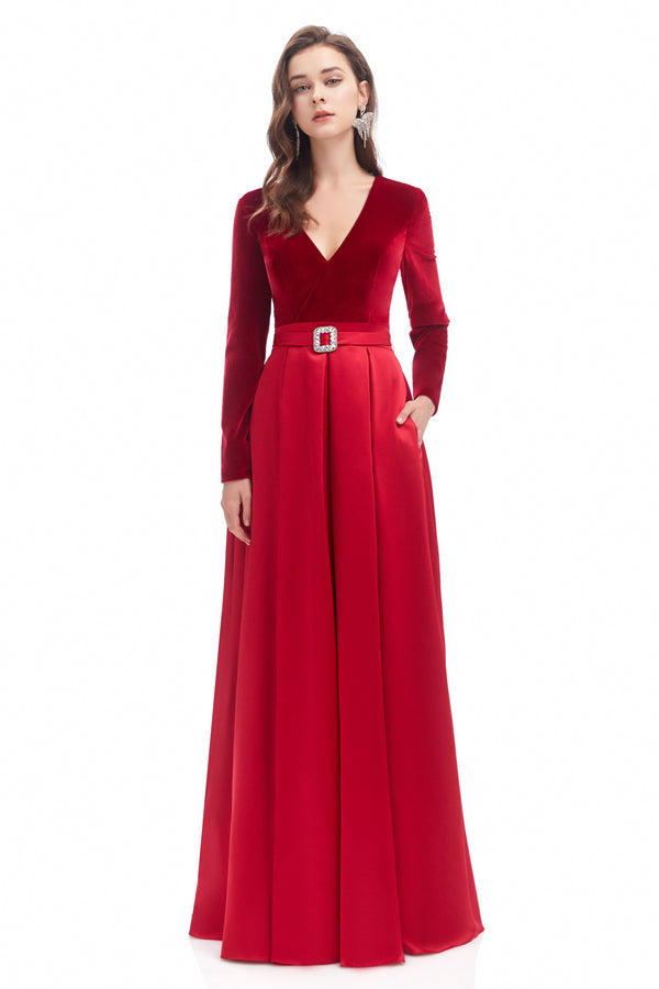 Mermaid V-neck High Split Floor-length Long Sleeve Open Back Prom Dress-Ballbella