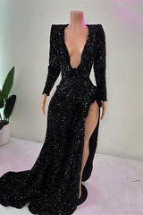 Mermaid V-neck High Split Sequined Floor-length Long Sleeve Prom Dress-Ballbella