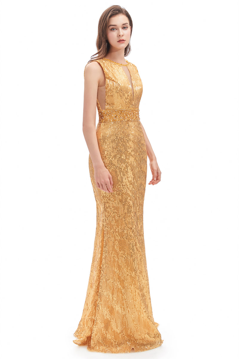 Mermaid V-neck High Split Sequined Floor-length Sleeveless Prom Dress-Ballbella