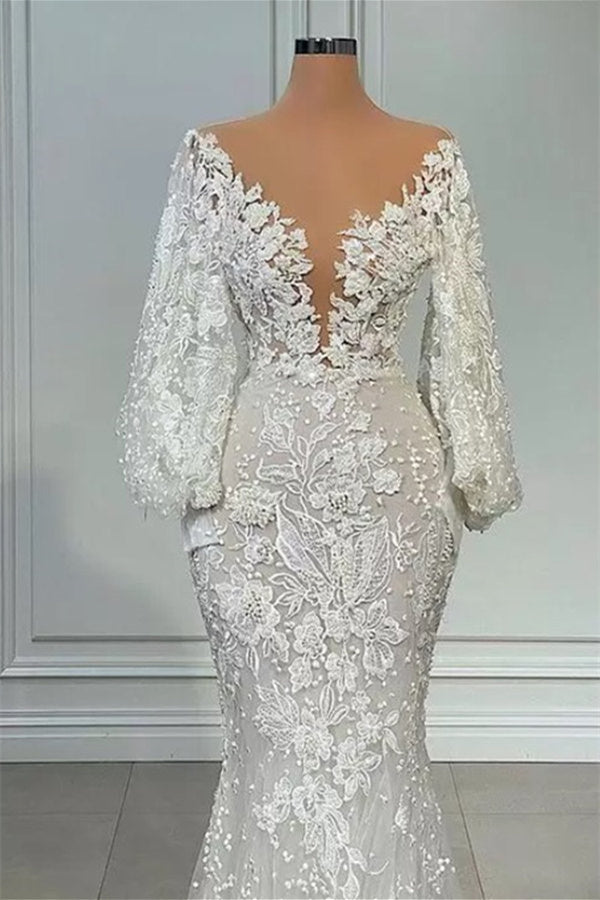 Mermaid V-neck Lace Floor-length Long Sleeve Applique Beaded Wedding Dress-Ballbella