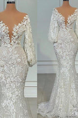 Mermaid V-neck Lace Floor-length Long Sleeve Applique Beaded Wedding Dress-Ballbella