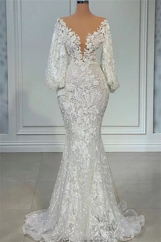 Mermaid V-neck Lace Floor-length Long Sleeve Applique Beaded Wedding Dress-Ballbella