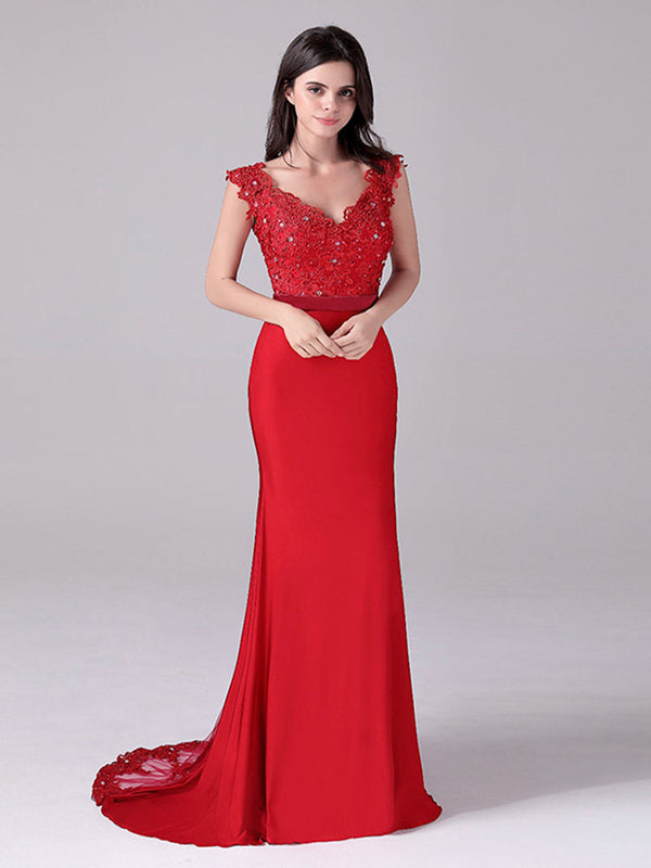 Mermaid V-neck Lace Floor Length Sleeveless Backless mother's dress-Ballbella