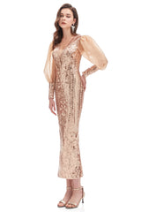 Mermaid V-neck Lace Sequined Floor-length Long Sleeve Bubble Sleeves Prom Dress-Ballbella