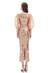 Mermaid V-neck Lace Sequined Floor-length Long Sleeve Bubble Sleeves Prom Dress-Ballbella