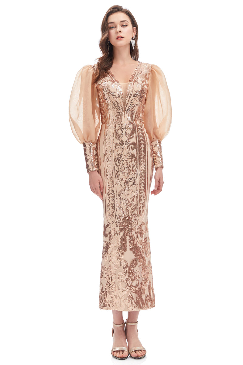 Mermaid V-neck Lace Sequined Floor-length Long Sleeve Bubble Sleeves Prom Dress-Ballbella