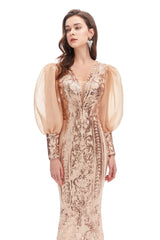 Mermaid V-neck Lace Sequined Floor-length Long Sleeve Bubble Sleeves Prom Dress-Ballbella