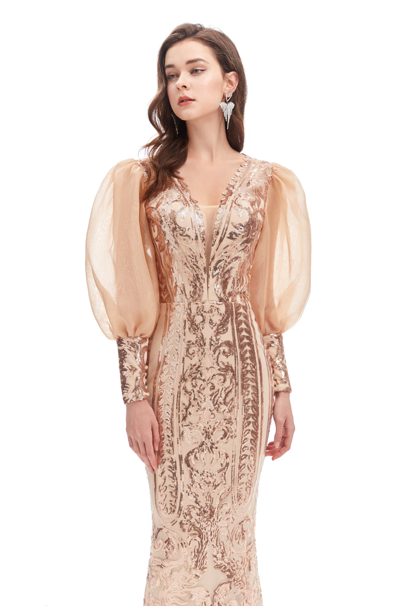 Mermaid V-neck Lace Sequined Floor-length Long Sleeve Bubble Sleeves Prom Dress-Ballbella